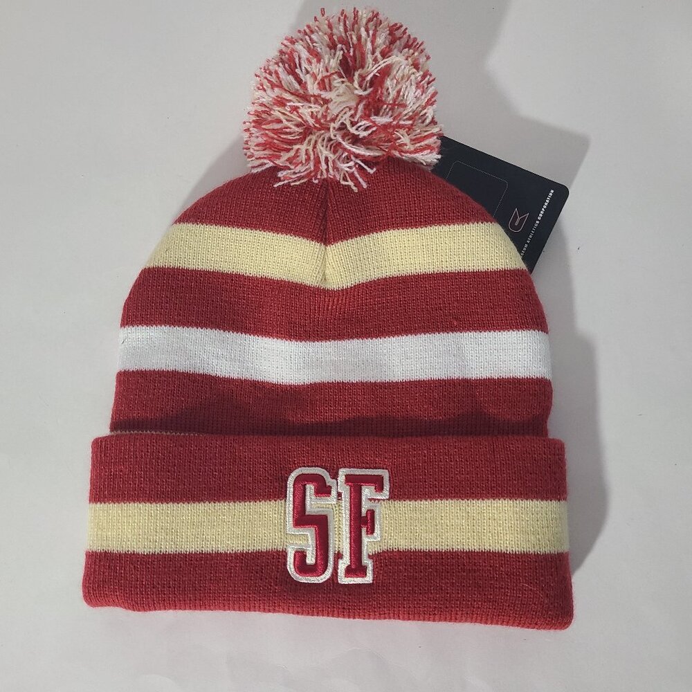 San Francisco Red/Gold/White Striped Pom Beanie NWT